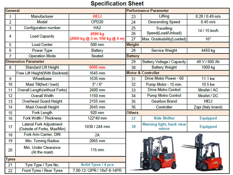 2 Tons Electric Forklift Specification